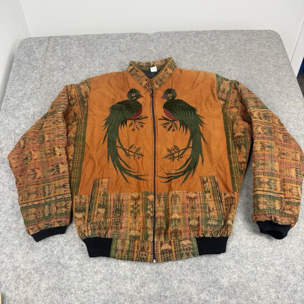 VTG Guatemalan Quetzal Bird Embroidered Bomber Jacket XL Boho Folk Art Artisan